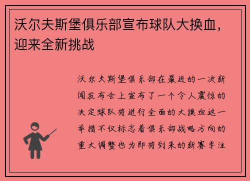 沃尔夫斯堡俱乐部宣布球队大换血，迎来全新挑战